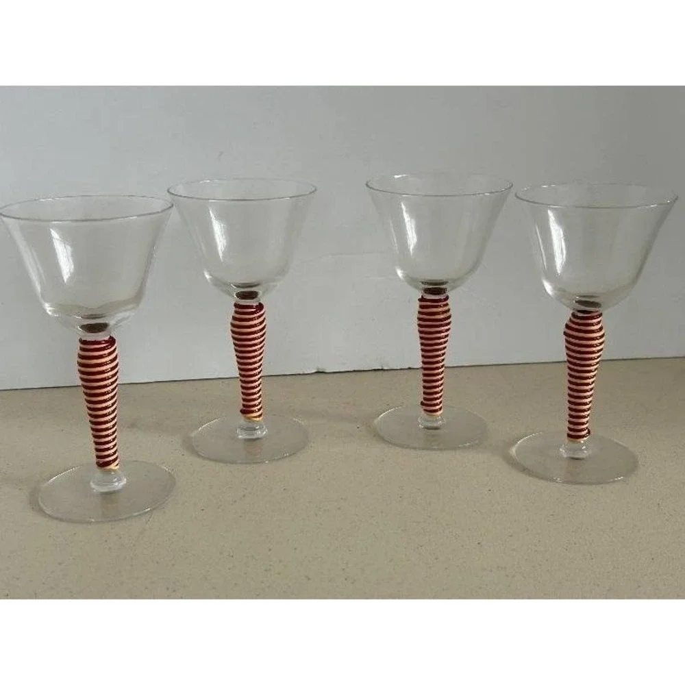 MCM Champagne Coupes - Clear Glass w/Red & Yellow Striped Spiral‎ Rattan Wrapped